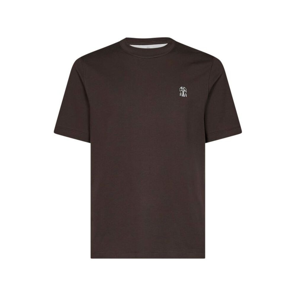 Brunello Cucinelli Men Dark Brown Cotton Jersey Logo Crewneck T-Shirt
